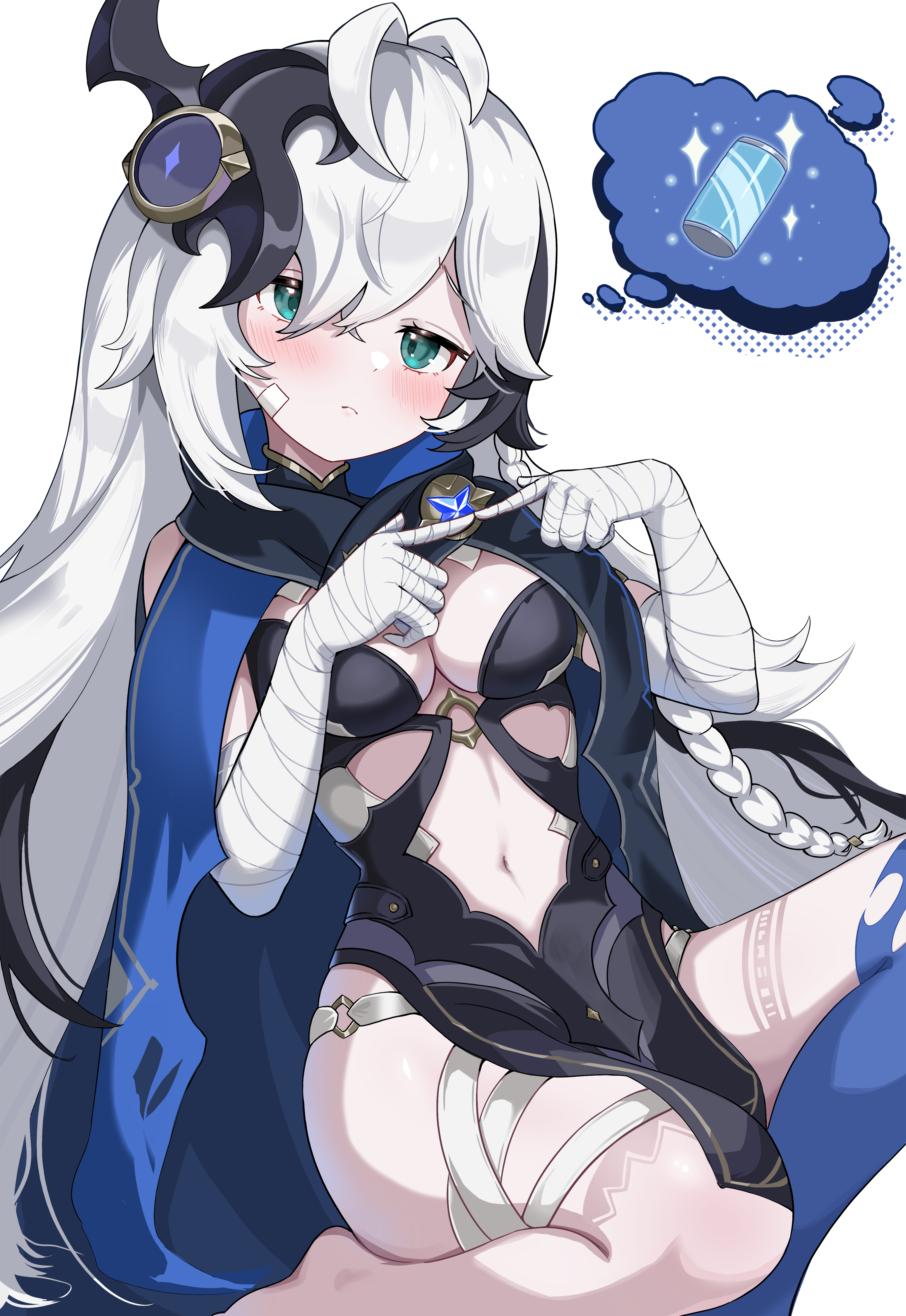 vavamva, cosette (stella sora), stella sora, absurdres, commentary request, highres, 1girl, bandage on face, bandaged arm, bandages, black dress, black hair, blue cloak, blush, bodypaint, breasts, brooch, can, cleavage, cloak, closed mouth, dress, drink can, frown, green eyes, hair ornament, hair over one eye, head tilt, index fingers together, jewelry, long hair, medium breasts, multicolored hair, navel, o-ring dress, simple background, sitting, sleeveless, sleeveless dress, soda can, solo, speech bubble, stomach, streaked hair, swept bangs, thigh strap, thought bubble, two-tone hair, very long hair, white background, white hair, yokozuwari