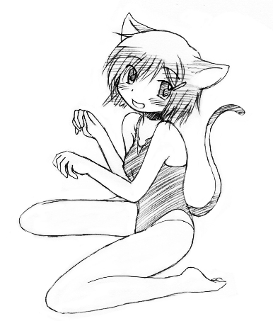 kumichi, chika (hidamari sketch), hidamari sketch, lowres, 00s, 1girl, animal ears, barefoot, cat ears, cat tail, female focus, greyscale, kneeling, leotard, monochrome, sketch, solo, tail