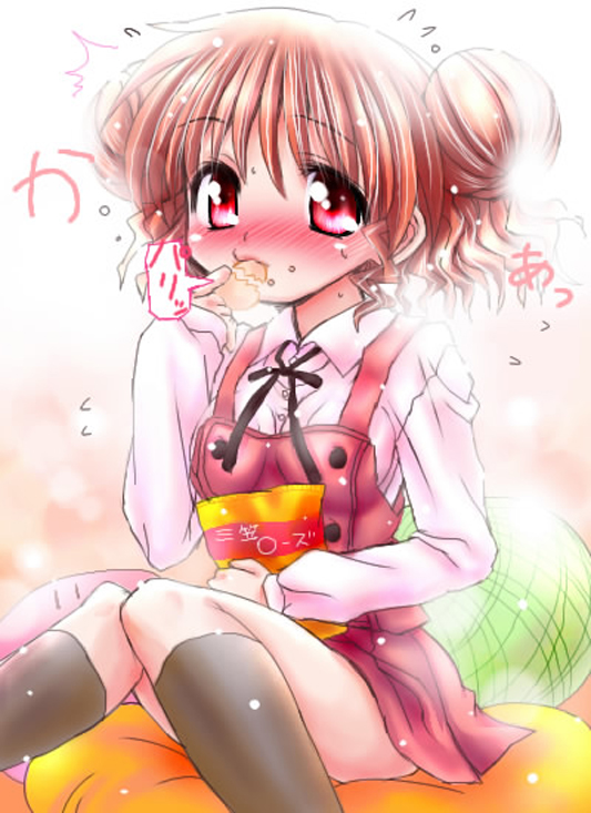 hiro (hidamari sketch), hidamari sketch, 00s, blush, double bun, eating, food, hair bun, pink hair, red eyes, school uniform, solo, surprised