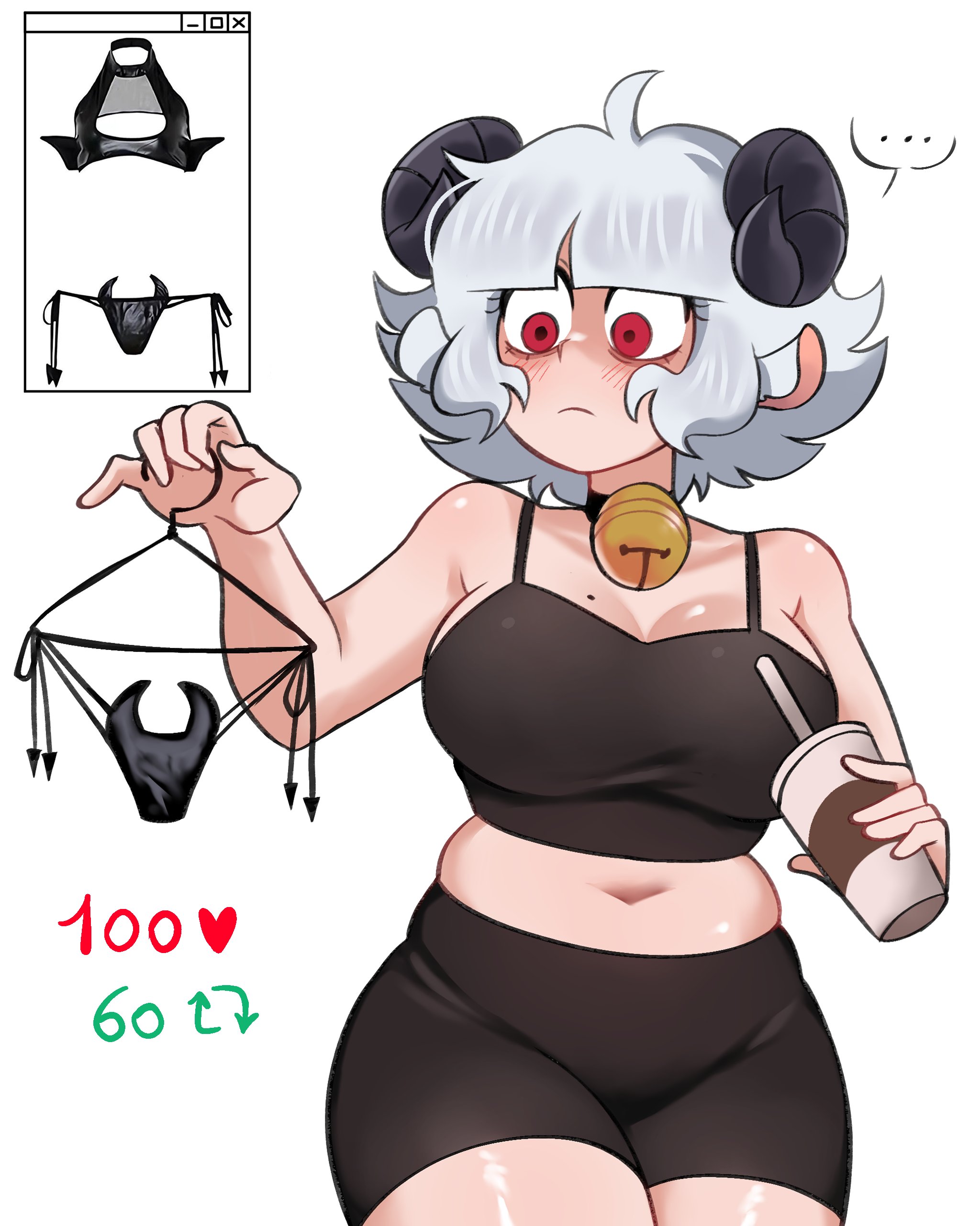 osulan, osu (osulan), helltaker, original, absurdres, highres, …, 1girl, ahoge, animal ears, bell, black choker, black shorts, blunt bangs, blush, breasts, choker, cleavage, closed mouth, cup, demon girl, demon horns, drinking straw, grey hair, holding, holding cup, horns, large breasts, like and retweet, mole, mole on breast, navel, neck bell, red eyes, sheep ears, short hair, shorts, sidelocks, simple background, solo, speech bubble, spoken ellipsis, white background