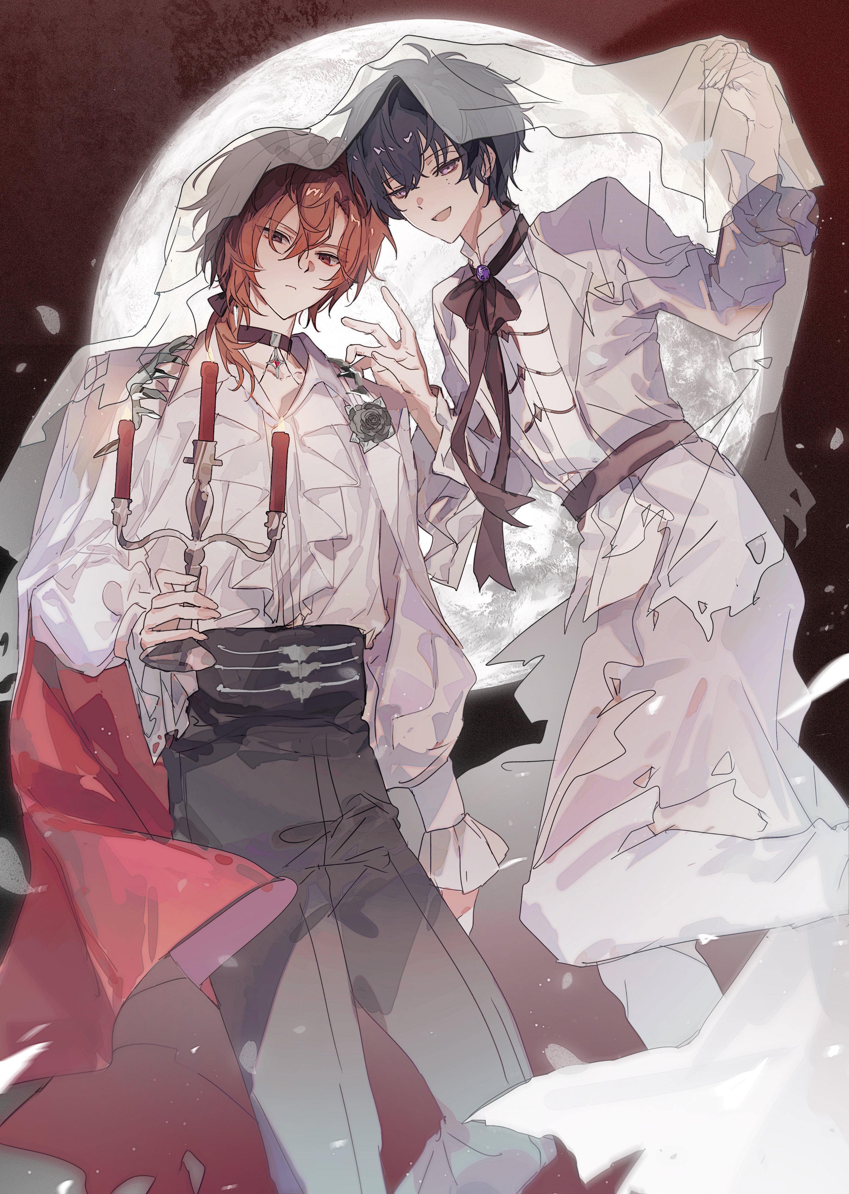 nishizono renga, 18trip, absurdres, highres, 2boys, alternate costume, arm on another's shoulder, black choker, black hair, black pants, bow, brown eyes, candle, candlestand, choker, closed mouth, flower, frills, full moon, gawei567, grey eyes, hair between eyes, heterochromia, high-waist pants, holding, holding candlestand, large bow, long hair, long sleeves, looking at viewer, low side ponytail, male focus, mole, mole under eye, moon, multiple boys, multiple moles, murakumo ten, open mouth, pants, ponytail, red eyes, red hair, rose, shirt, short hair, sketch, smile, torn clothes, veil, white shirt
