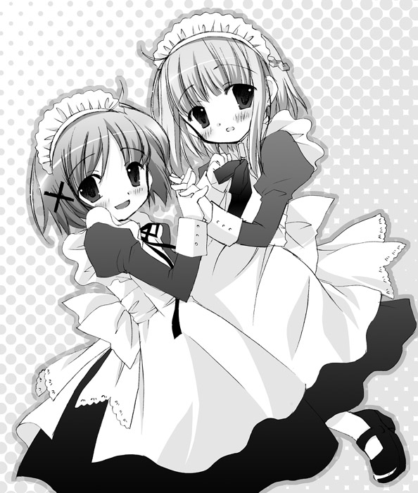 aogiri sei, nazuna (hidamari sketch), yuno (hidamari sketch), hidamari sketch, 00s, greyscale, holding hands, maid, monochrome