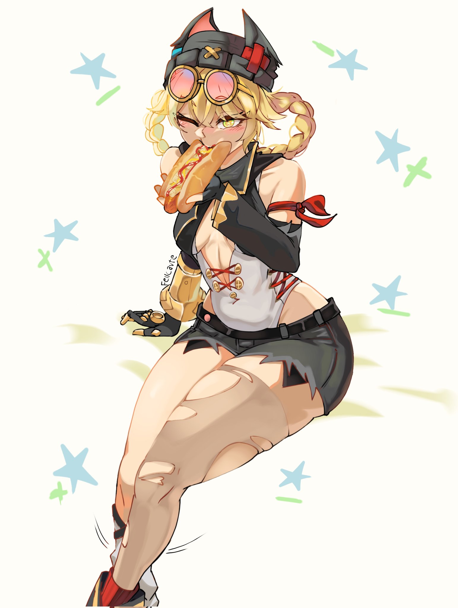 jahoda (genshin impact), genshin impact, commentary, english commentary, highres, 1girl, bare shoulders, black gloves, black hat, black shorts, blonde hair, braid, braided hair rings, breasts, cutoffs, eyewear on head, feet out of frame, fellcavte, fingerless gloves, food, gloves, grey background, hair rings, hat, holding, holding food, hot dog, one eye closed, short hair, short shorts, shorts, simple background, single thighhigh, sitting, small breasts, solo, star (symbol), sunglasses, thighhighs, thighs, torn clothes, torn thighhighs, yellow eyes