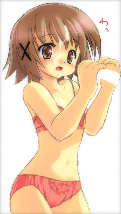 yuno (hidamari sketch), hidamari sketch, 00s, 1girl, bra, brown hair, cum, cum on body, cum on hair, facial, female focus, invisible penis, lingerie, panties, pink bra, pink panties, solo, underwear, underwear only