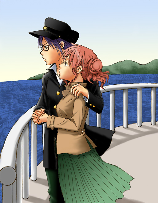 hiro (hidamari sketch), sae (hidamari sketch), hidamari sketch, 00s, 2girls, boat, double bun, glasses, hair bun, hat, holding hands, multiple girls, pink hair, watercraft