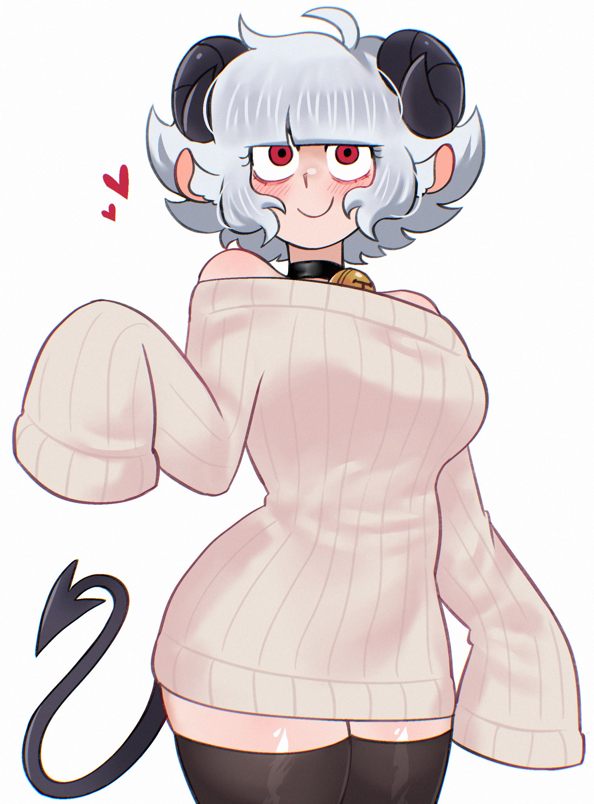osulan, osu (osulan), helltaker, original, absurdres, highres, 1girl, ahoge, animal ears, bell, black choker, black thighhighs, blunt bangs, blush, choker, closed mouth, demon girl, demon horns, demon tail, grey hair, heart, horns, long sleeves, looking at viewer, neck bell, off-shoulder sweater, off shoulder, red eyes, ribbed sweater, sheep ears, short hair, simple background, sleeves past fingers, sleeves past wrists, smile, solo, sweater, tail, thick thighs, thighhighs, thighs, white background, white sweater