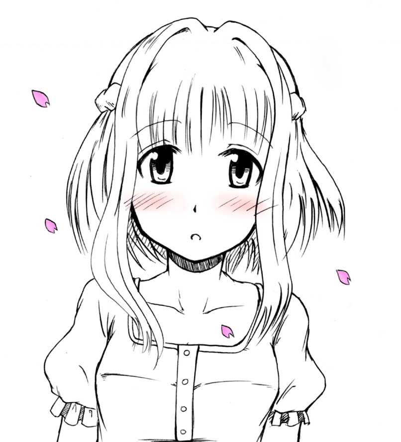 nazuna (hidamari sketch), hidamari sketch, 00s, 1girl, blush, cherry blossoms, female focus, monochrome, petals, sketch, solo, spot color