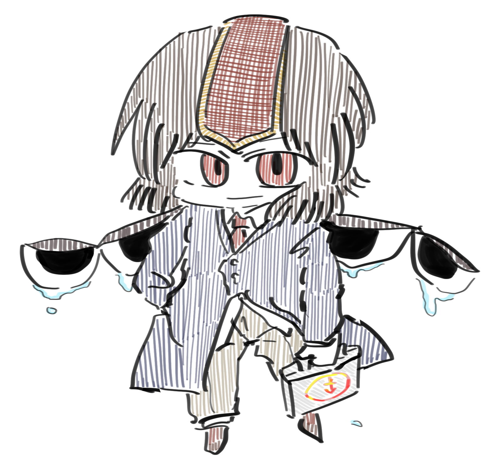 aodo mikan, kokutenshi hibaru, len'en, commentary request, highres, 1other, androgynous, blue coat, brown hair, brown pants, brown shoes, business suit, buttons, closed mouth, coat, collared coat, collared shirt, dress pants, dress shoes, eye of senri, eyes on wings, formal clothes, full body, hand in pocket, headgear, holding, holding suitcase, lapels, layered sleeves, long sleeves, medium hair, necktie, other focus, pants, red eyes, red necktie, shirt, shoes, simple background, smirk, socks, solo, spread wings, standing, suit, suitcase, teardrop, white background, white shirt, white socks