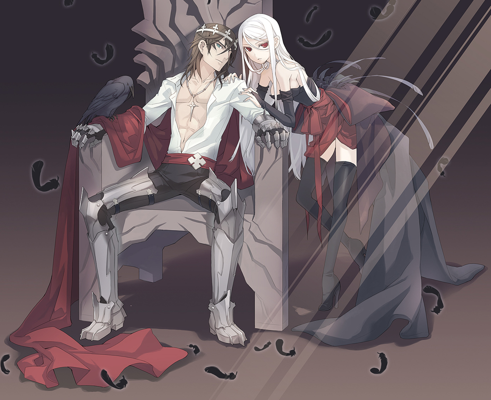 h2so4, odin, odin (odin sphere), original, 1boy, 1girl, animal on arm, armor, bird, bird on arm, breasts, cape, crown, feathers, gauntlets, goth fashion, greaves, jewelry, medium breasts, odin (mythology), pendant, thighhighs, throne