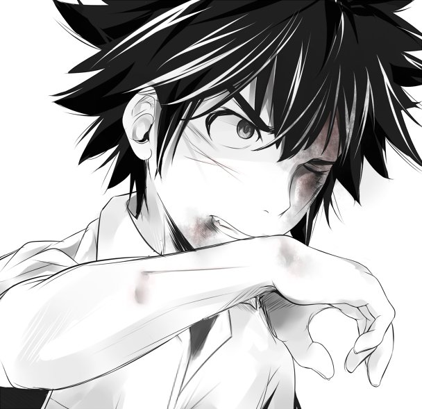 shin (highest1192), kamijou touma, toaru majutsu no index, commentary, 1boy, a certain high school uniform, bare arms, black hair, blood, blood on face, clenched teeth, collared shirt, greyscale, hair between eyes, hand up, injury, monochrome, one eye closed, school uniform, shirt, short hair, short sleeves, simple background, solo, spiked hair, summer uniform, teeth, upper body, white background