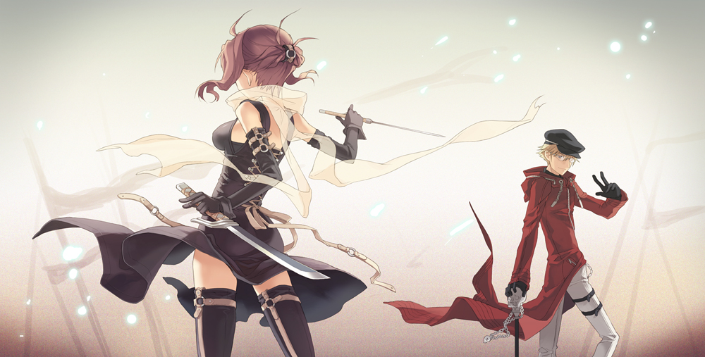 h2so4, 1boy, 1girl, breasts, brown hair, dress, glasses, hat, jacket, knife, large breasts, scarf, thighhighs, v