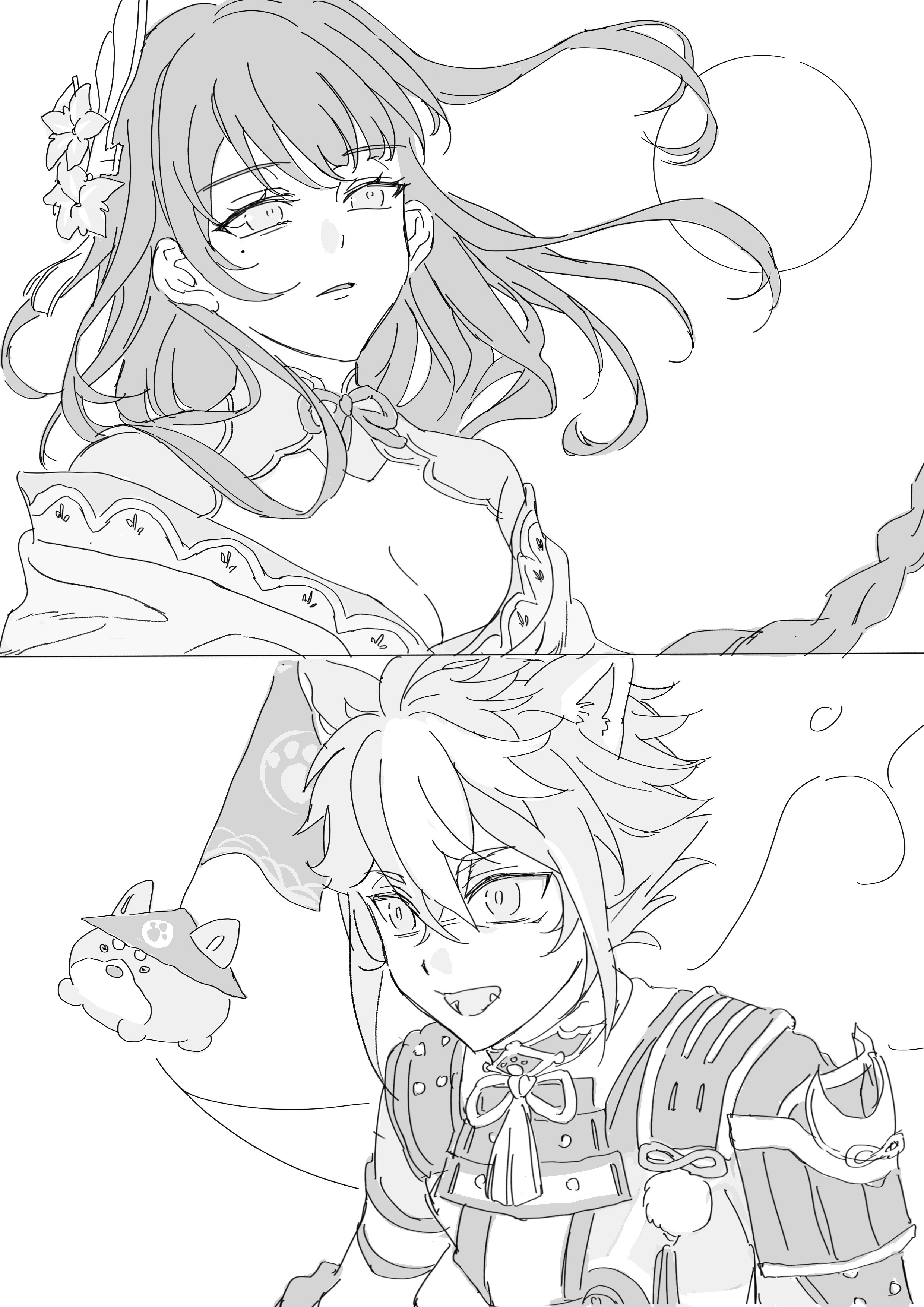 lamian497, gorou (genshin impact), raiden shogun, taroumaru (genshin impact), genshin impact, absurdres, chinese commentary, highres, 1boy, 1girl, animal collar, animal ear fluff, animal ears, armor, blunt bangs, braid, breasts, bridal gauntlets, cleavage, collar, dog, dog boy, dog ears, fangs, flag, floating, floating hair, from side, hair between eyes, hair floating upwards, hair ornament, hat, head tilt, japanese armor, japanese clothes, kimono, leaning to the side, long braid, long hair, looking to the side, mole, mole under eye, monochrome, multicolored hair, neck ribbon, off shoulder, open mouth, paw print, ribbon, shiba inu, short hair, single braid, streaked hair, upper body, white background