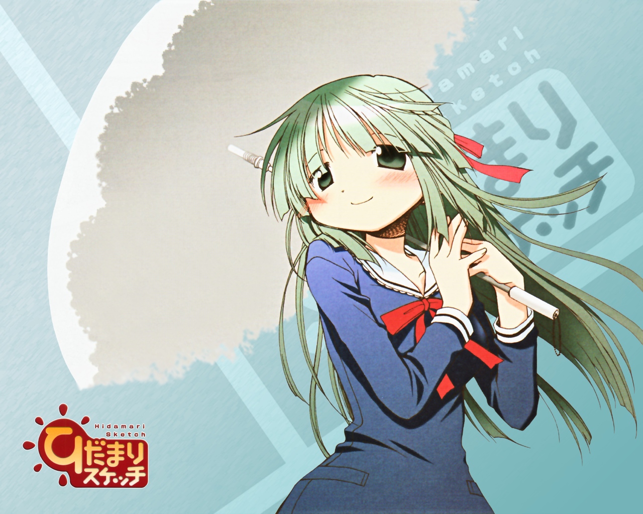 aoki ume, yoshinoya (hidamari sketch), hidamari sketch, official art, official wallpaper, 00s, 1girl, blush, female focus, green hair, long hair, ribbon, school uniform, solo, umbrella
