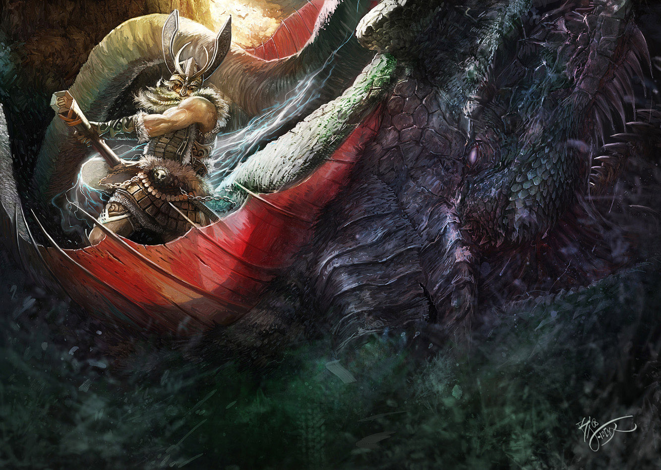 buddy jiang, jormungandr (mythology), plue, thor (marvel), thor (mythology), norse mythology, 1boy, armor, battle, beard, dragon, facial hair, fantasy, hammer, helmet, male focus, signature, solo