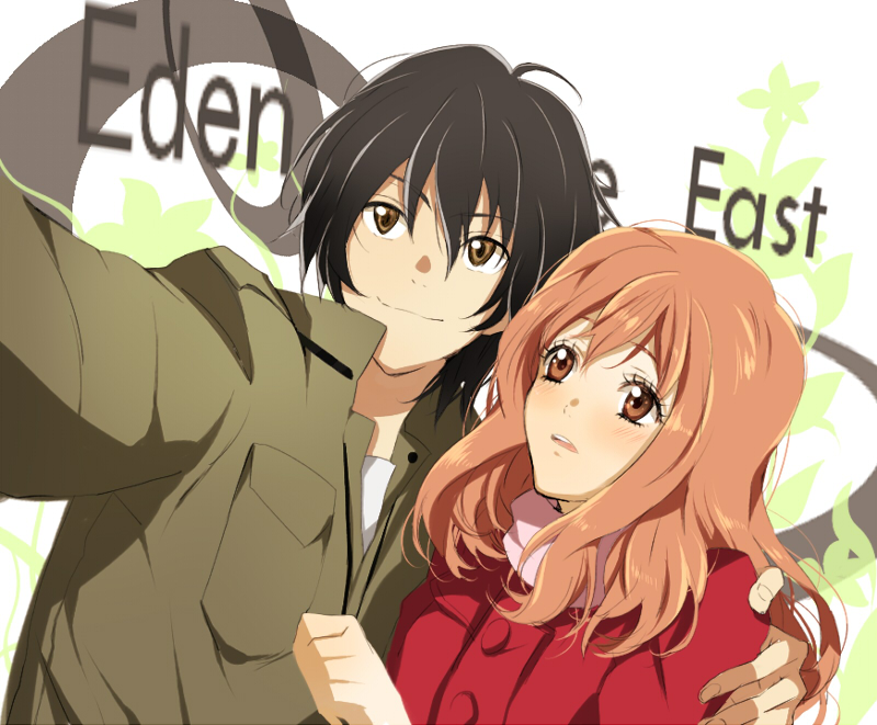 deirn, kiui, morimi saki, takizawa akira, higashi no eden, bad id, bad pixiv id, 00s, 1boy, 1girl, black hair, blush, brown eyes, coat, couple, hetero, orange hair, smile