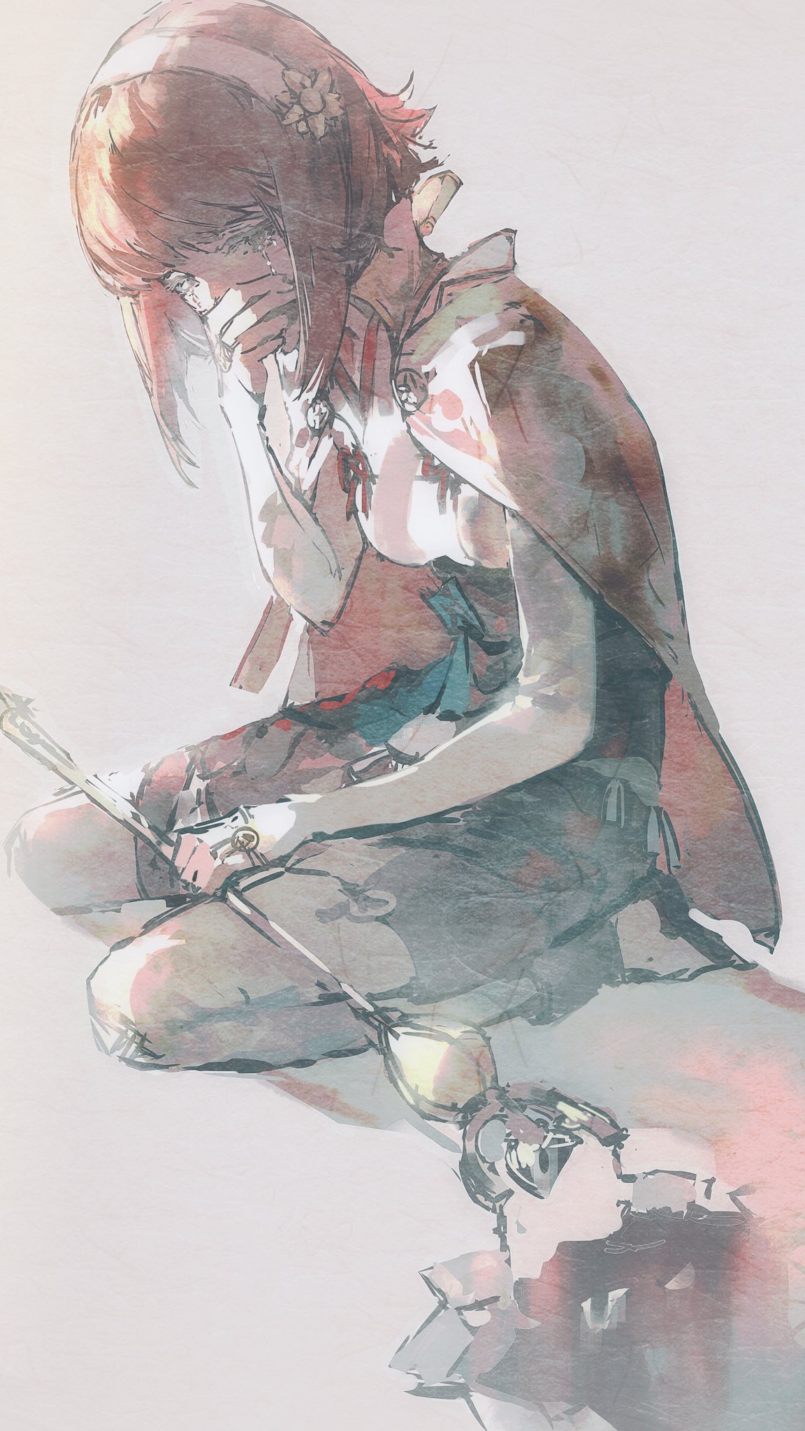 lkppp, sakura (fire emblem), fire emblem, fire emblem fates, nintendo, highres, 1girl, breasts, capelet, covering own mouth, crying, crying with eyes open, hairband, japanese clothes, pink eyes, pink hair, short hair, small breasts, solo, staff, tears, white hairband