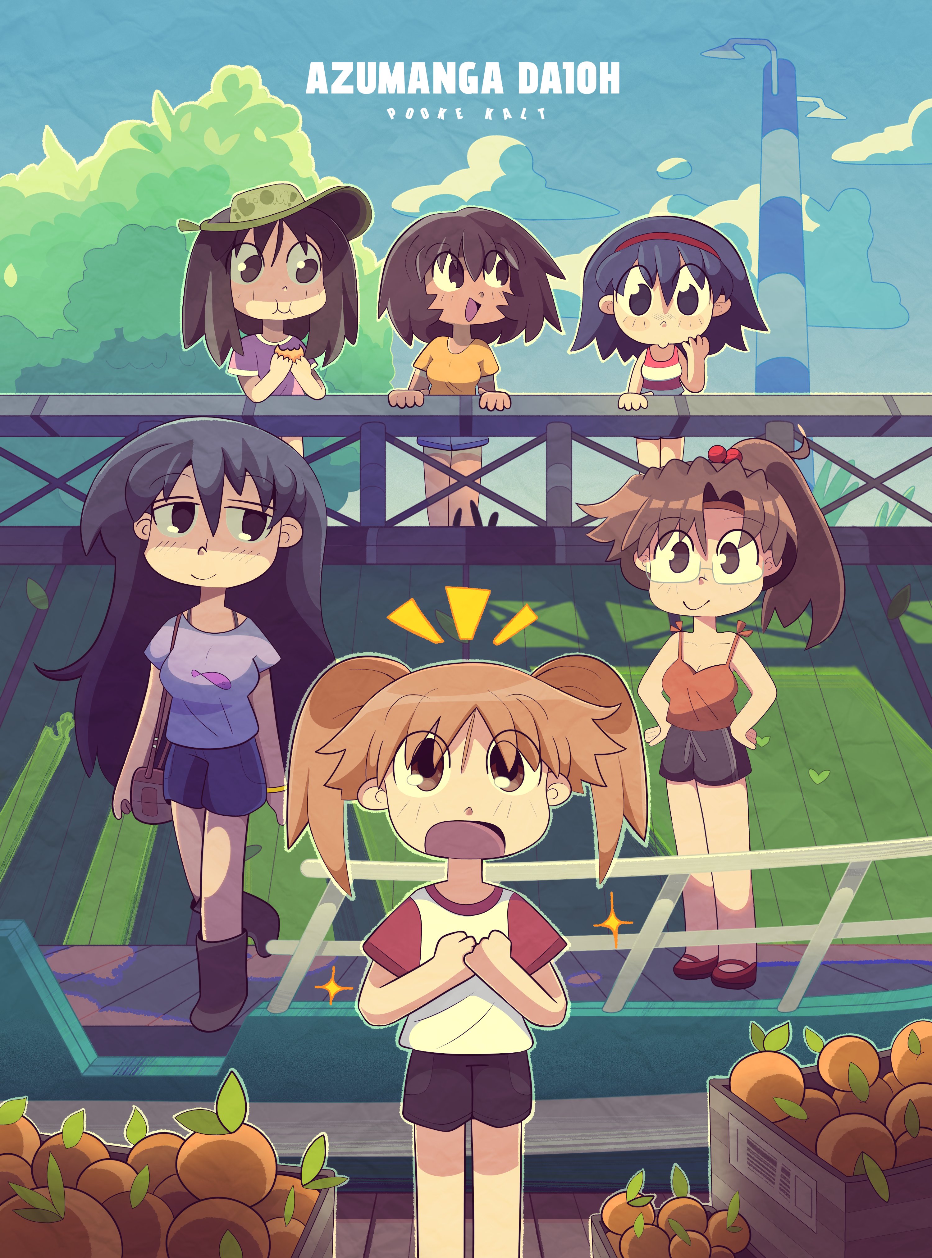 kagura (azumanga daioh), kasuga ayumu, mihama chiyo, mizuhara koyomi, sakaki (azumanga daioh), takino tomo, azumanga daiou, absurdres, highres, 6+girls, :d, black eyes, black hair, black shorts, breasts, brown eyes, brown hair, cleavage, cloud, cloudy sky, copyright name, denim, denim shorts, eating, food, fruit, glasses, headband, holding orange, long hair, multiple girls, open mouth, orange (fruit), orange hair, orange shirt, ponytail, pookekalt, purple shirt, rectangular eyewear, red headband, shadow, shirt, short hair, short twintails, shorts, shout lines, sky, smile, sparkle, spiked hair, toon (style), tree, twintails, visor cap, wooden box