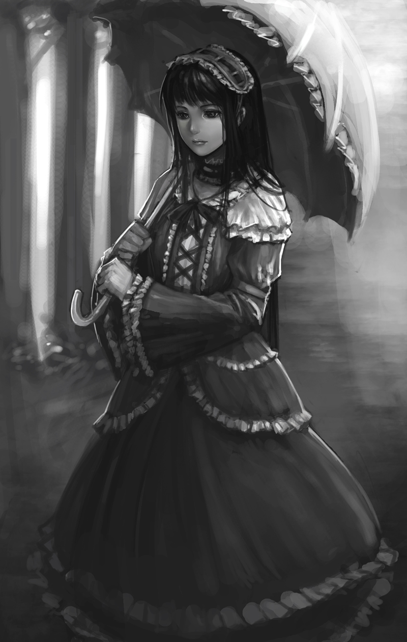 lieqi hun, original, bad id, bad pixiv id, highres, 1girl, dress, female focus, greyscale, lolita fashion, monochrome, solo, umbrella, victorian
