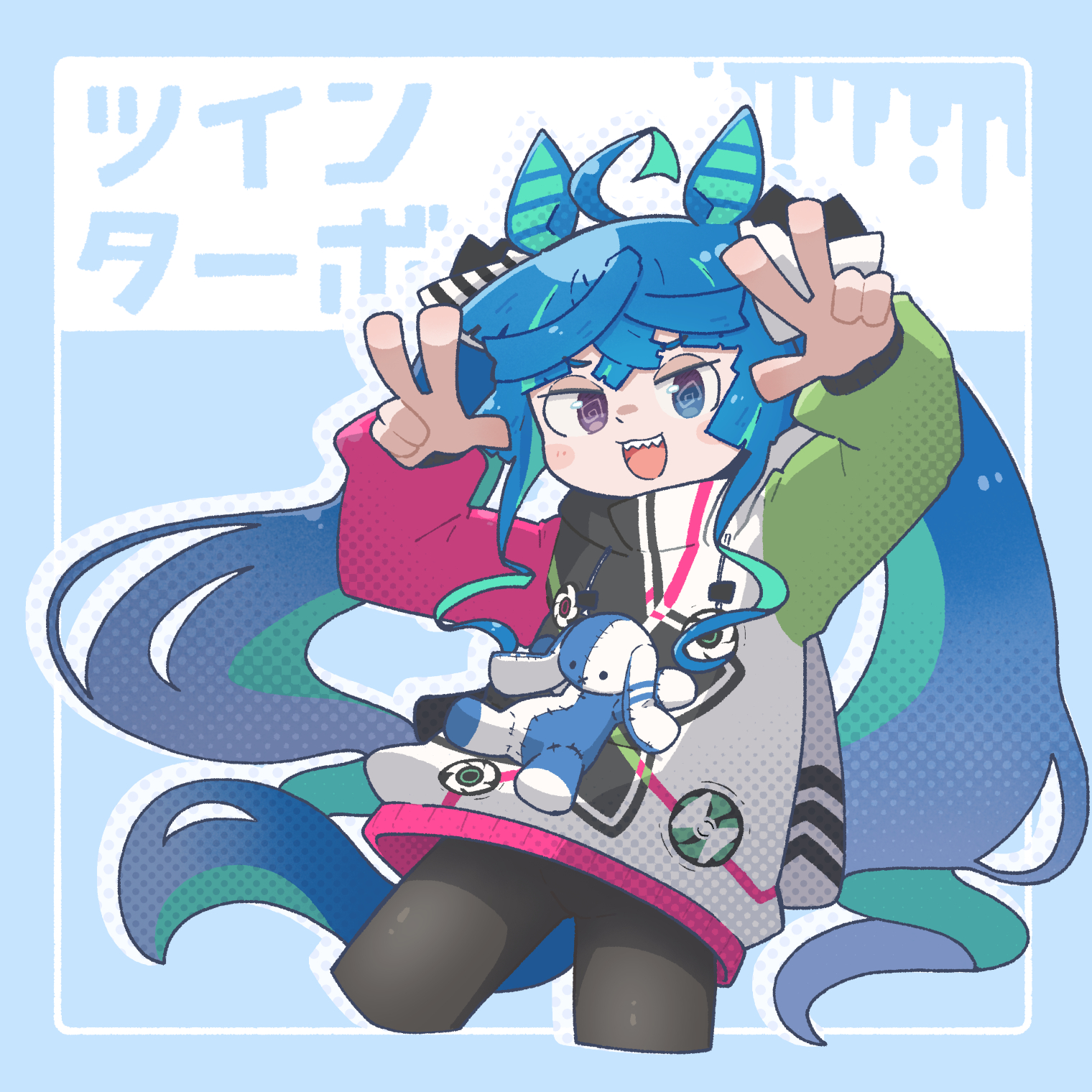 sorairo meronpan, twin turbo (blast mode! turbo engine) (umamusume), twin turbo (umamusume), umamusume, highres, translated, 1girl, @ @, ahoge, animal ears, arms up, black bodysuit, blue background, blue eyes, blue hair, blush, bodysuit, double v, heterochromia, horse ears, horse girl, horse tail, long hair, looking at viewer, multicolored hair, open mouth, pink eyes, sharp teeth, short hair, smile, solo, stuffed animal, stuffed rabbit, stuffed toy, tail, teeth, tongue, twintails, upper teeth only, v