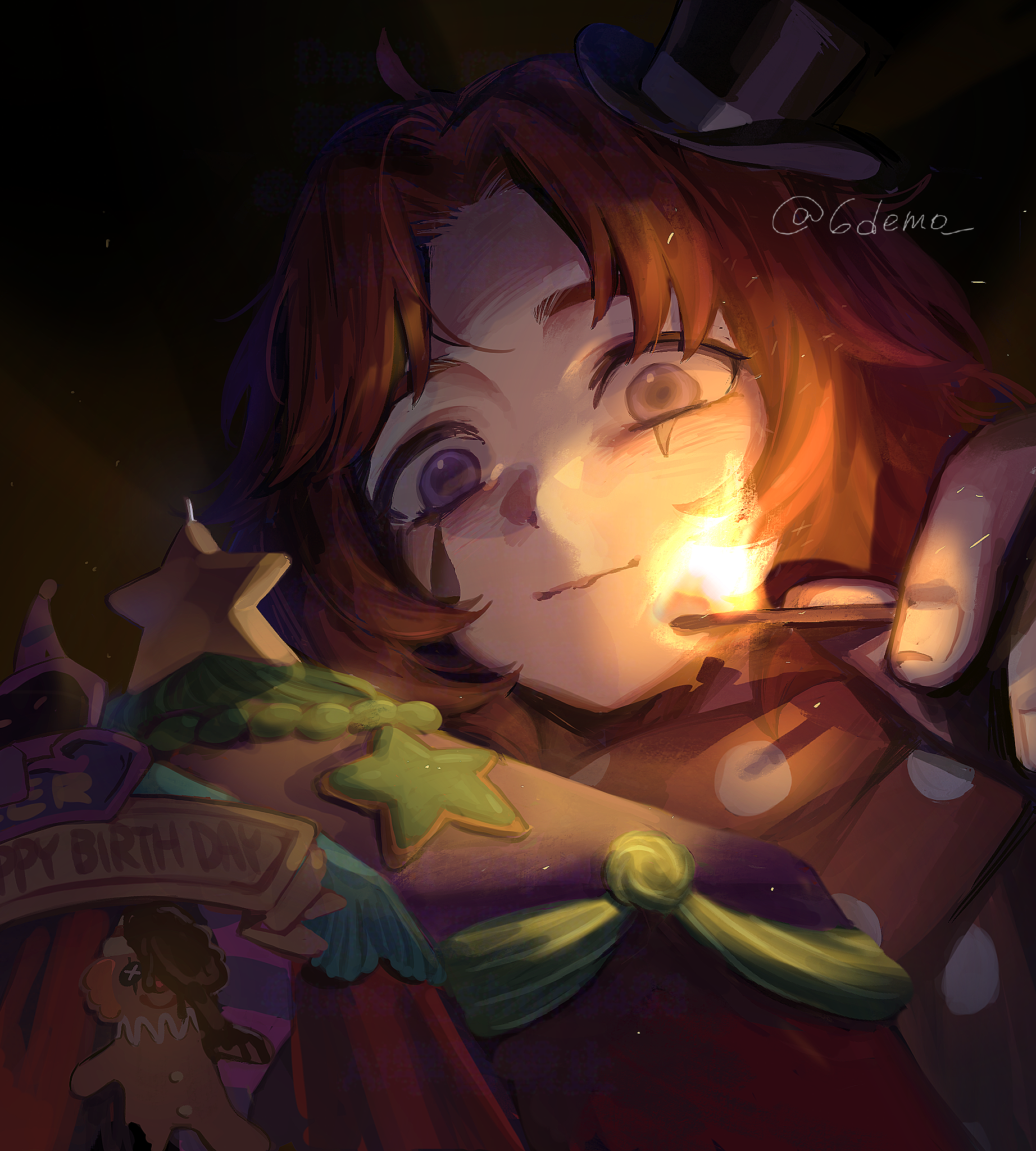 6demo, weeping clown (identity v), identity v, highres, 1boy, blue eyes, facepaint, facial mark, fire, hair intakes, happy birthday, holding matchstick, looking down, male focus, polka dot, polka dot scarf, portrait, red hair, scarf, smile, twitter username