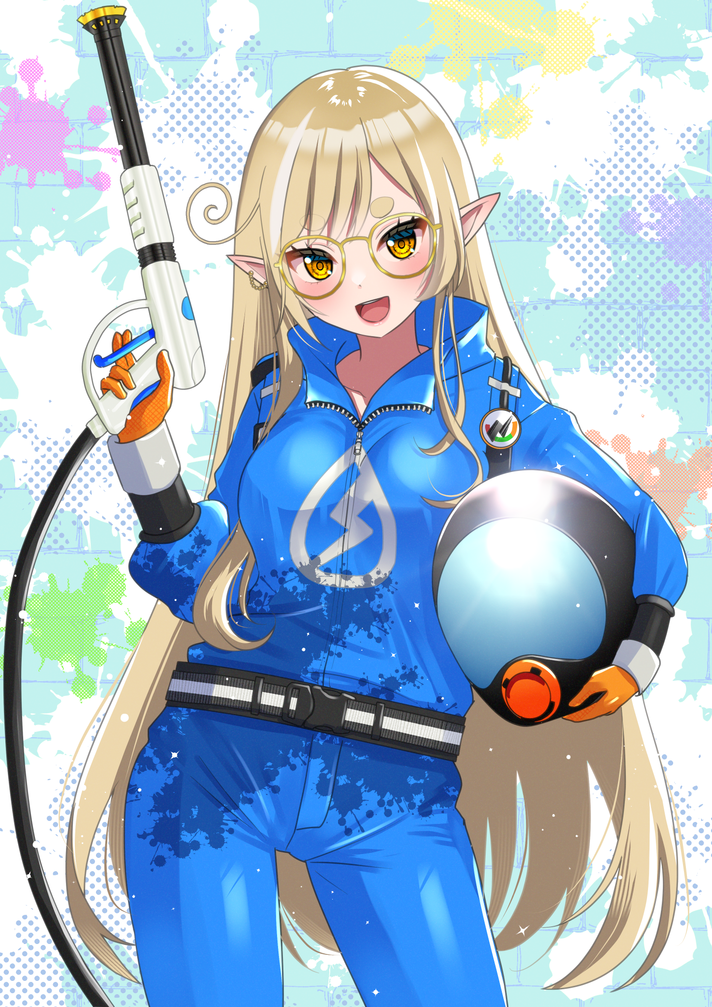 erenshu, kanna yanagi, glitch stars, powerwash simulator, highres, 1girl, ahoge, blonde hair, blue jumpsuit, brick wall, glasses, gloves, helmet, holding, holding unworn helmet, holding water gun, jumpsuit, long hair, multicolored hair, open mouth, orange gloves, paint splatter, pointy ears, smile, solo, streaked hair, unworn headwear, unworn helmet, water gun, white hair, yellow eyes, zipper, zipper pull tab