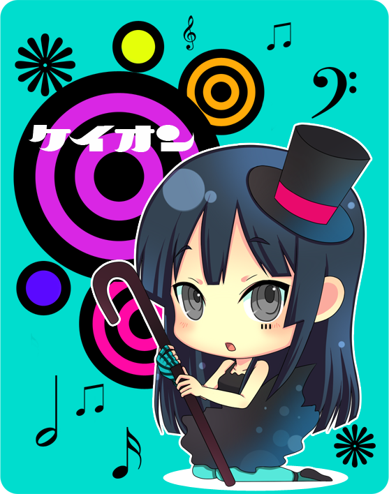d (pixiv544157), akiyama mio, don't say "lazy", k-on!, 00s, 1girl, bare shoulders, black hair, blue pantyhose, blunt bangs, cane, chibi, dress, female focus, fingerless gloves, gloves, grey eyes, hat, hime cut, kneeling, mini hat, mini top hat, musical note, pantyhose, rounded corners, single glove, solo, striped clothes, striped gloves, top hat
