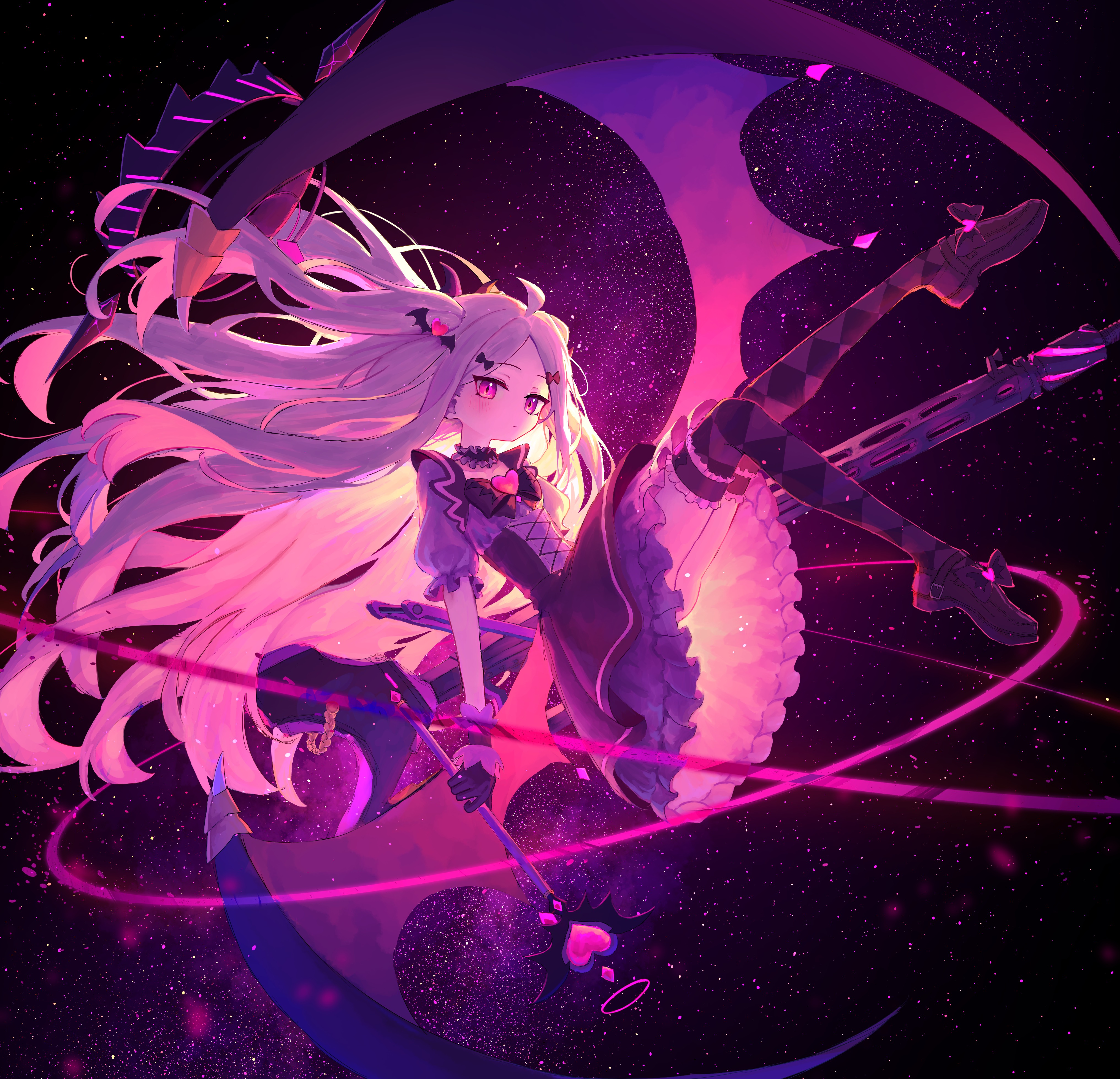 moron (miroir1120), hina (blue archive), blue archive, absurdres, highres, 1girl, ahoge, black halo, blush, demon girl, demon horns, demon wings, flat chest, full body, halo, horns, long hair, low wings, purple eyes, solo, twintails, very long hair, white hair, wings