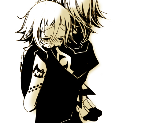 sakurazawa izumi, crona (soul eater), medusa gorgon, soul eater, hand on shoulder, lowres, 00s, 1boy, 1girl, aged down, androgynous, back, carrying, child, closed eyes, hair between eyes, hand on another's back, hood, monochrome, mother and child, sepia, shoes, short hair, sleeveless, tattoo, tears