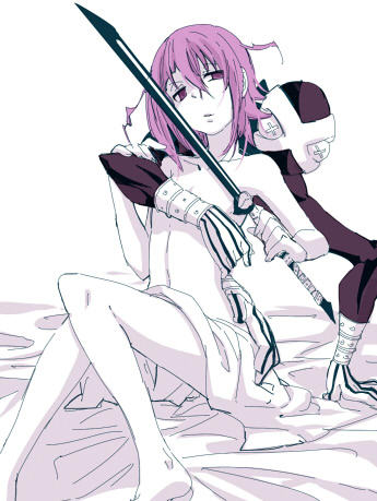 shuri (84k), crona (soul eater), ragnarok (soul eater), soul eater, jpeg artifacts, lowres, 00s, 1girl, androgynous, barefoot, bed, bed sheet, black skin, colored skin, covering chest, covering privates, female focus, flat chest, gauntlets, gloves, monochrome, nude, purple eyes, purple hair, purple theme, short hair, sitting, solo, spikes, striped clothes, striped gloves, sword, weapon, x x