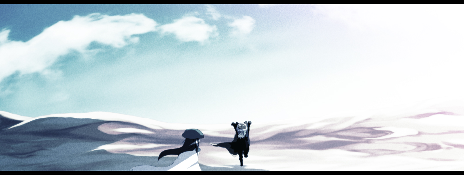 nicole pmonachi, pixiv fantasia, pixiv fantasia 3, highres, cat, desert, hat, landscape, letterboxed, long hair, sky