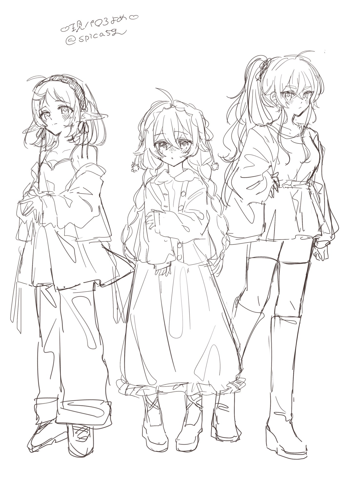 spica59, eris greyrat, roxy migurdia, sylphiette (mushoku tensei), mushoku tensei, highres, 3girls, ahoge, braid, denim, dress, elf, hair ornament, hair scrunchie, hairband, jacket, jeans, lineart, looking at viewer, multiple girls, pants, pointy ears, ponytail, scrunchie, sketch, thighhighs, twin braids, white background