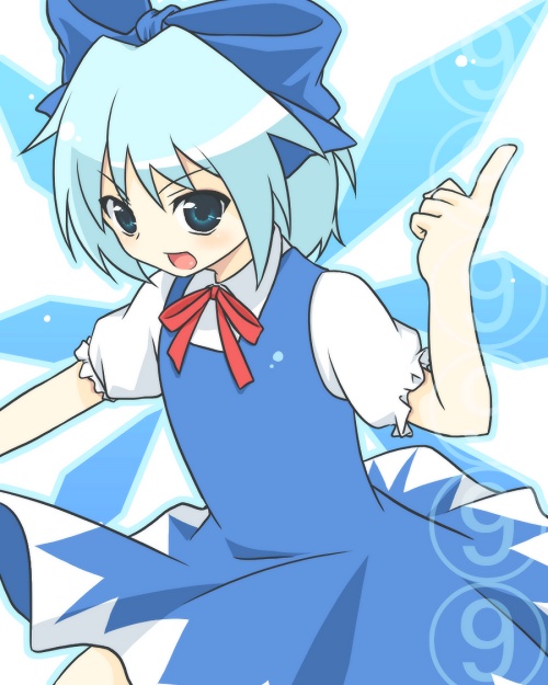 soumendaze, cirno, phantasmagoria of flower view, touhou, 1girl, blue bow, blue dress, blue hair, bow, circled 9, dress, female focus, hair bow, ice, ice wings, index finger raised, looking at viewer, pointing, puffy short sleeves, puffy sleeves, short hair, short sleeves, solo, wings