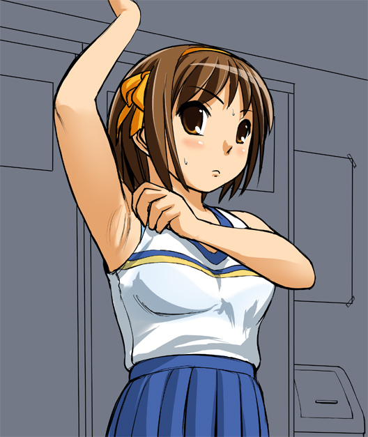 sandansu, suzumiya haruhi, suzumiya haruhi no yuuutsu, 00s, arm up, armpits, brown eyes, brown hair, cheerleader, hairband, short hair, solo