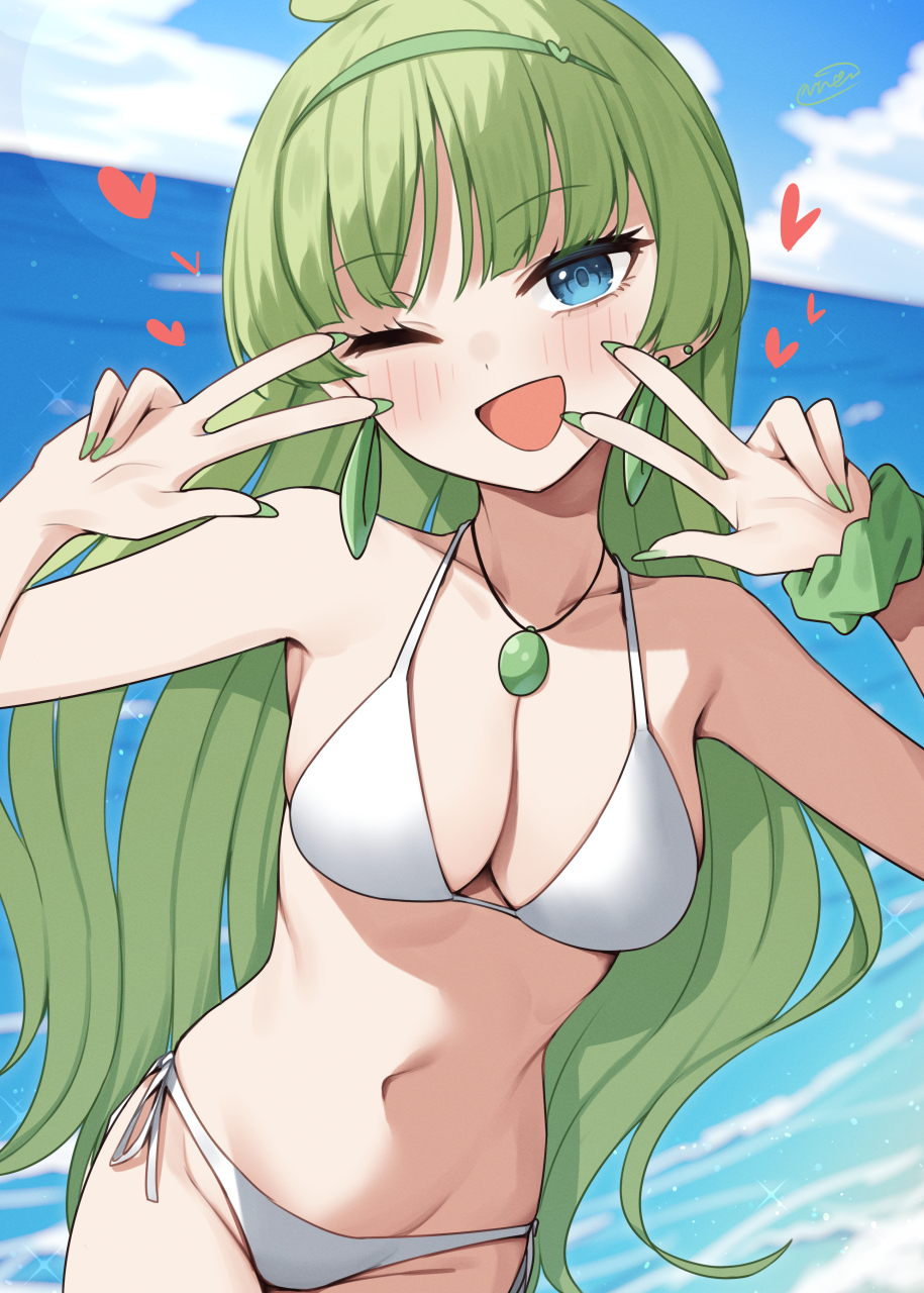 binsen, shimabara elena, idolmaster, idolmaster million live!, highres, 1girl, beach, bikini, blue eyes, breasts, collarbone, day, double w, earrings, fingernails, green hair, green hairband, green nails, green scrunchie, hairband, hands up, heart, hoop earrings, jewelry, long fingernails, long hair, looking at viewer, nail polish, navel, necklace, one eye closed, open mouth, outdoors, scrunchie, side-tie bikini bottom, smile, solo, standing, swimsuit, w, white bikini, wrist scrunchie