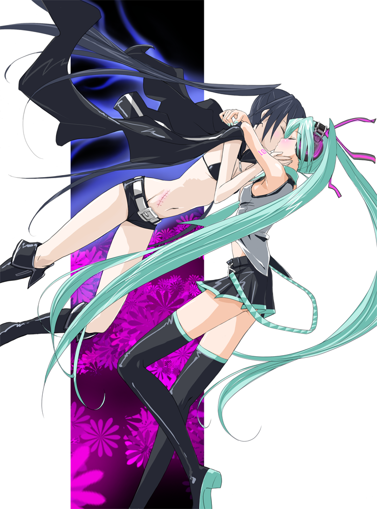 chocomark, black rock shooter (character), hatsune miku, black rock shooter, vocaloid, 10s, 2girls, aqua eyes, aqua hair, aqua nails, belt, bikini, bikini top only, black hair, black thighhighs, blush, boots, cape, closed eyes, flower, flying, hair ornament, headphones, hug, kiss, long hair, midriff, miniskirt, multiple girls, nail polish, navel, pleated skirt, scar, short shorts, shorts, skirt, swimsuit, tank top, thighhighs, twintails, very long hair, yuri, zettai ryouiki