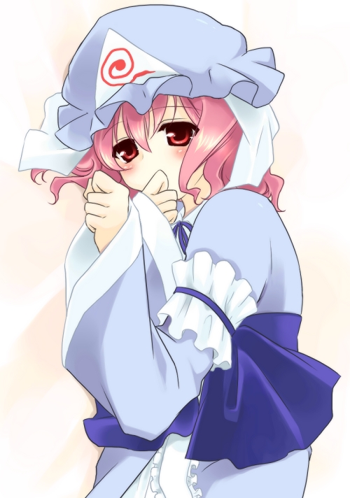soumendaze, saigyouji yuyuko, touhou, bad id, bad pixiv id, 1girl, blush, covering own mouth, female focus, hand over mouth, hand over own mouth, hat, japanese clothes, kimono, looking at viewer, lying, on side, pink hair, red eyes, solo, triangular headpiece