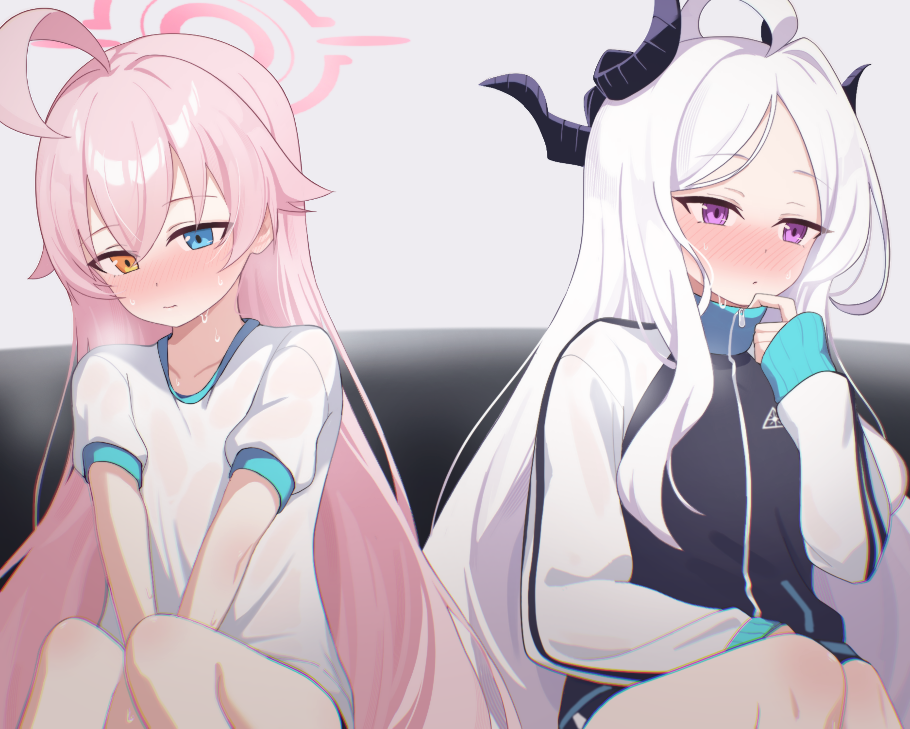 minamino 3730, hina (blue archive), hoshino (blue archive), blue archive, highres, 2girls, ahoge, blue eyes, blush, breasts, demon girl, demon horns, gym uniform, halo, heterochromia, horns, long hair, multiple girls, pink hair, pink halo, purple eyes, sitting, small breasts, very long hair, white hair