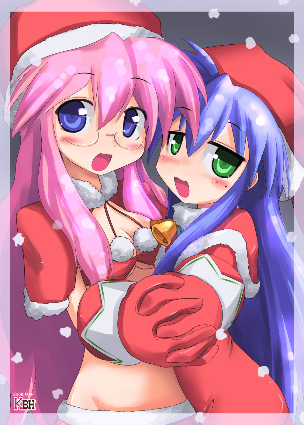 kazuboh, izumi konata, takara miyuki, lucky star, bad id, bad pixiv id, highres, 00s, 2girls, bell, blue eyes, blue hair, blush, glasses, green eyes, hat, holding hands, mole, mole under eye, multiple girls, pink hair, santa hat, snow