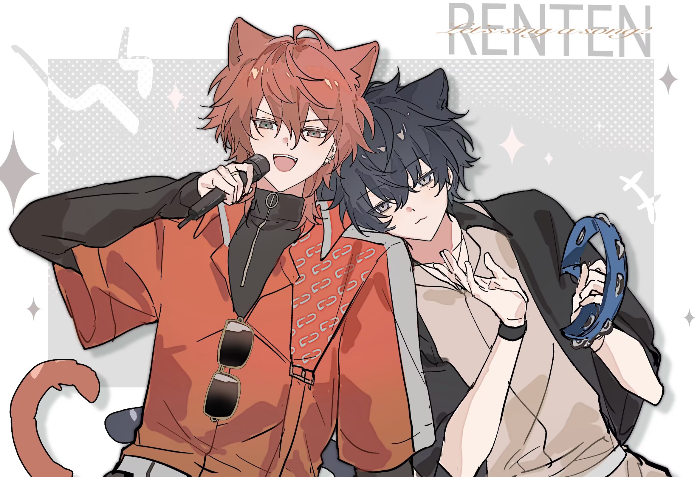 nishizono renga, 18trip, highres, 2boys, :3, animal ears, black hair, black jacket, black sleeves, bracelet, brown eyes, cat boy, cat ears, cat tail, closed mouth, earrings, fang, gawei567, grey eyes, head on another's shoulder, heterochromia, holding, holding microphone, instrument, jacket, jewelry, layered sleeves, leaning on person, long sleeves, looking at viewer, male focus, microphone, multiple boys, murakumo ten, o-ring, o-ring top, open mouth, red hair, red jacket, ring, shirt, short hair, short over long sleeves, short sleeves, sunglasses, tail, tambourine, white background