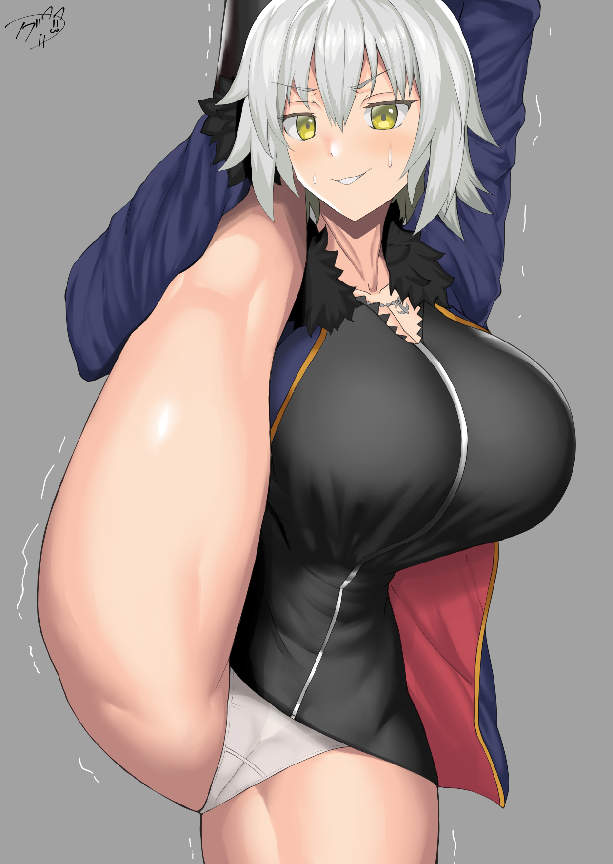 nobunyan (ndns8438), jeanne d'arc alter (avenger) (fate), jeanne d'arc alter (fate), jeanne d'arc alter (ver. shinjuku 1999) (fate), fate/grand order, fate (series), highres, non-web source, black dress, breasts, dress, jacket, large breasts, leg lift, panties, shaking, stretching, sweat, underwear, white panties