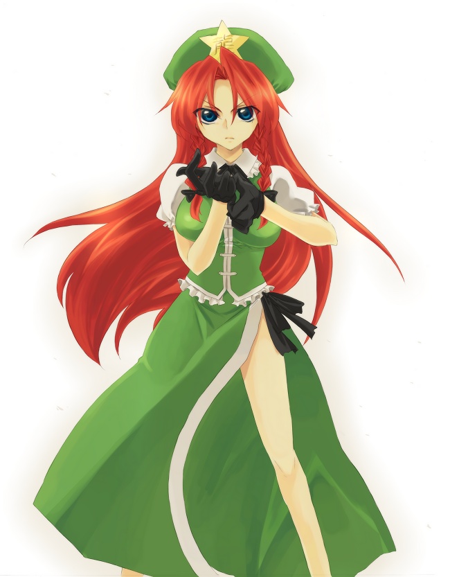 soumendaze, hong meiling, immaterial and missing power, touhou, bad id, bad pixiv id, 1girl, blue eyes, braid, china dress, chinese clothes, dress, female focus, gloves, gradient background, long hair, red hair, solo, twin braids