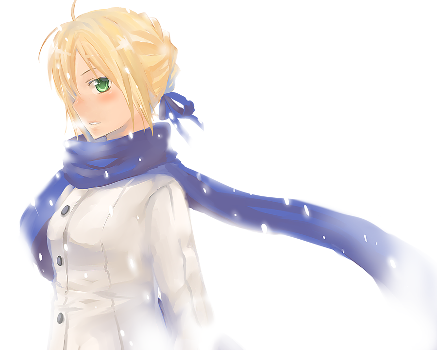 kurot, artoria pendragon (fate), saber (fate), fate/stay night, fate (series), bad id, bad pixiv id, 00s, 1girl, blonde hair, blue scarf, blush, coat, female focus, green eyes, official alternate costume, ribbon, scarf, snow, solo, winter clothes, winter coat