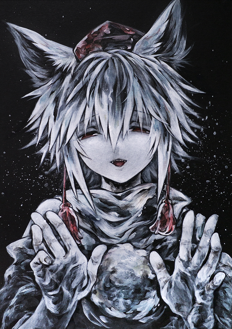 ikeda ruriko, inubashiri momiji, touhou, painting (medium), traditional media, 1girl, animal ears, black background, cropped torso, hat, looking at viewer, medium hair, pom pom (clothes), solo, straight-on, tokin hat, white hair, wolf ears