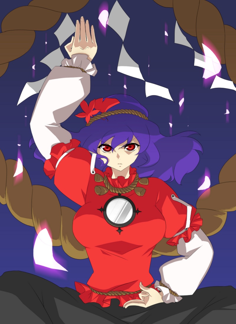 soumendaze, yasaka kanako, touhou, 1girl, breasts, female focus, hair ornament, large breasts, leaf hair ornament, petals, purple hair, red eyes, solo