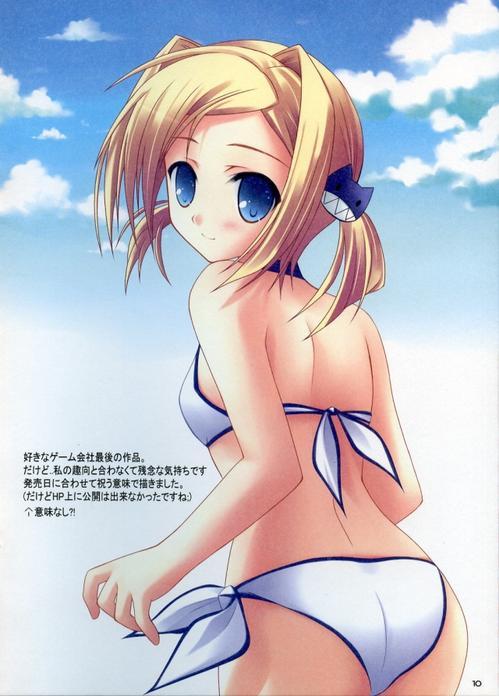 1girl, ass, bikini, blonde hair, blue eyes, blush, cat hair ornament, cloud, cowboy shot, female focus, from behind, hair intakes, hair ornament, hairpin, light smile, looking at viewer, looking back, low twintails, short hair, short twintails, side-tie bikini bottom, sky, smile, solo, standing, swimsuit, twintails, white bikini