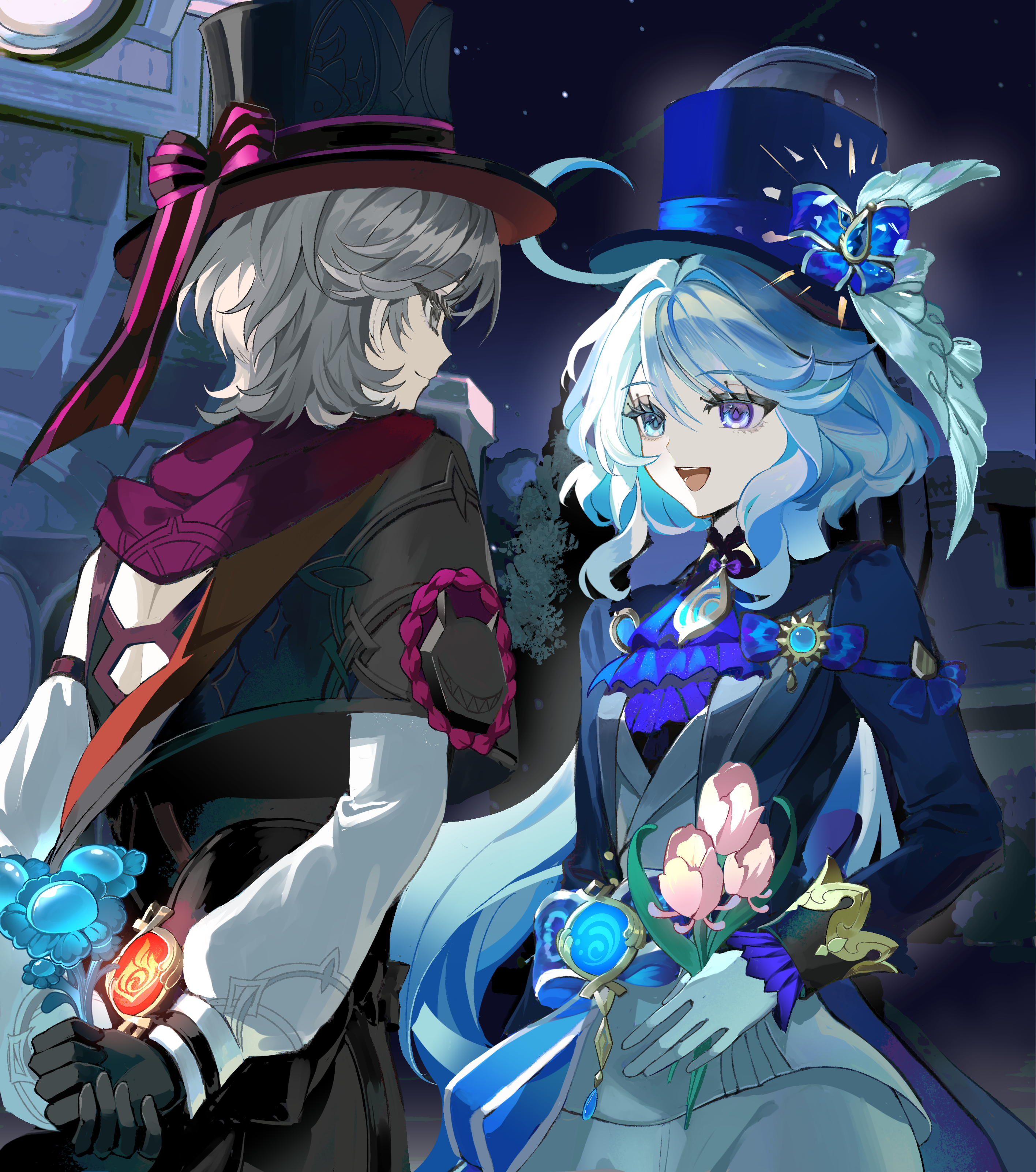 furina (genshin impact), lyney (genshin impact), genshin impact, absurdres, chinese commentary, highres, mixed-language commentary, 1boy, 1girl, ahoge, alternate universe, black gloves, blonde hair, blue eyes, blue hair, blue suit, closed mouth, couple, flower, formal clothes, gloves, glowing, grey eyes, hair between eyes, happy, hat, hetero, heterochromia, holding, holding flower, huge ahoge, jacket, jewelry, light smile, long sleeves, looking at another, looking to the side, magician, multicolored hair, night, night sky, open mouth, outdoors, pendant, short hair, shorts, sky, standing, star (sky), starry sky, streaked hair, suit, suit jacket, sumiaomiaorin, symbol-shaped pupils, teeth, top hat, upper body, upper teeth only, vision (genshin impact), wavy hair, white gloves