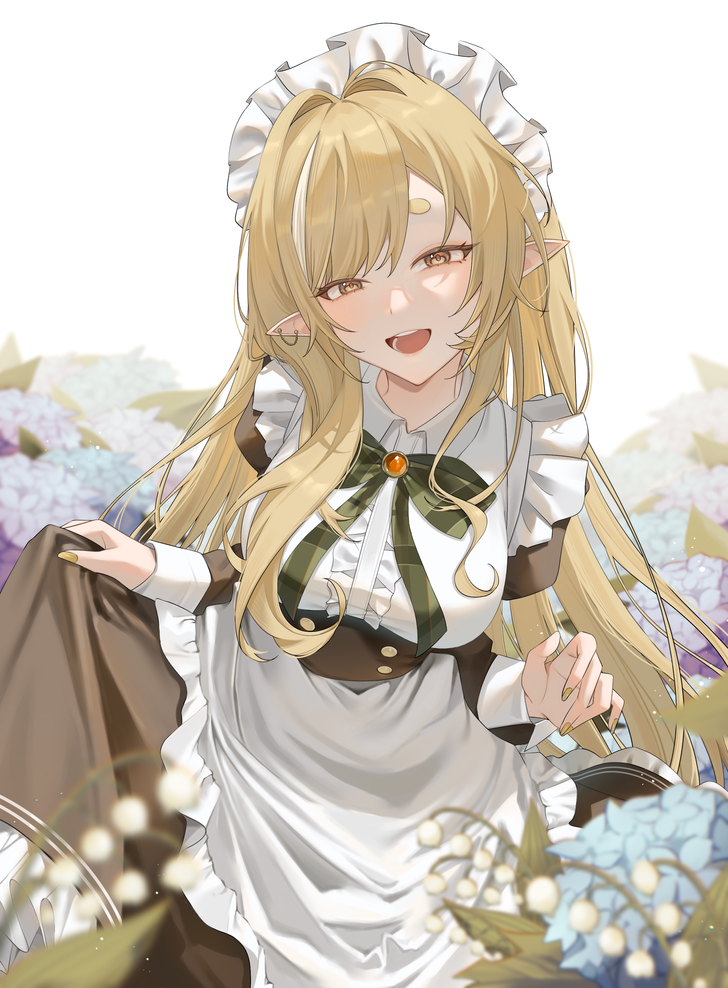 kanna yanagi, glitch stars, absurdres, commission, highres, second-party source, skeb commission, 1girl, apron, black dress, blonde hair, blue flower, bow, bowtie, breasts, center frills, collared dress, dress, flower, frills, green bow, green bowtie, long hair, maid, maid headdress, multicolored hair, open mouth, pointy ears, purple flower, season siki, skirt hold, smile, solo, streaked hair, virtual youtuber, white apron, white flower, white hair, yellow eyes, yellow nails