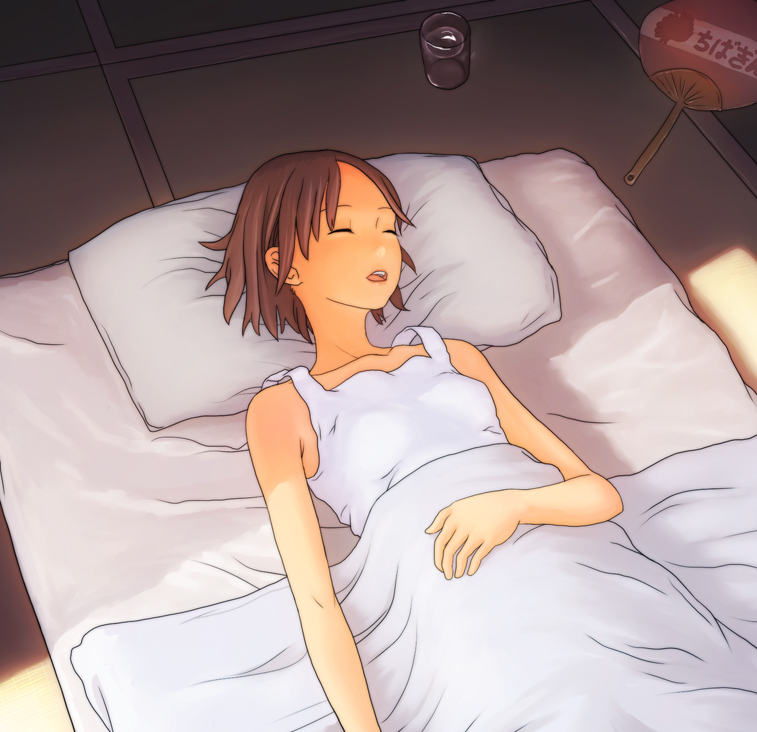 flash tomo, original, bed sheet, brown hair, flat chest, from above, futon, glass, hand fan, open mouth, pillow, short hair, sleeping, slice of life, solo, tank top