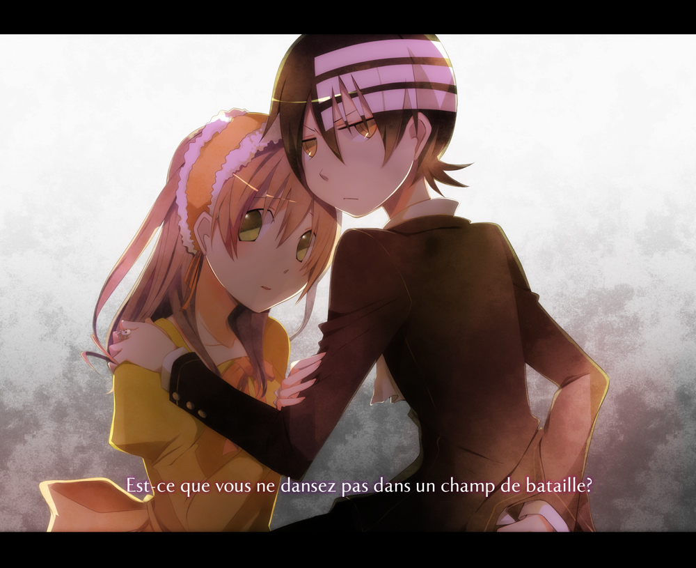 edato, death the kid, maka albarn, soul eater, bad id, bad pixiv id, translated, 00s, 1boy, 1girl, black hair, child, dress, french text, letterboxed, long hair, short hair