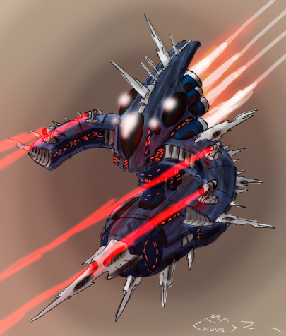 novafox, eve online, original, commentary, concept art, english commentary, lowres, amarr empire (eve online), brown background, destroyer (eve online), energy, energy cannon, firing, flying, glowing, military vehicle, no humans, pirate faction (eve online), sansha's nation (eve online), spacecraft, spacecraft turret, spikes, thrusters, vehicle focus